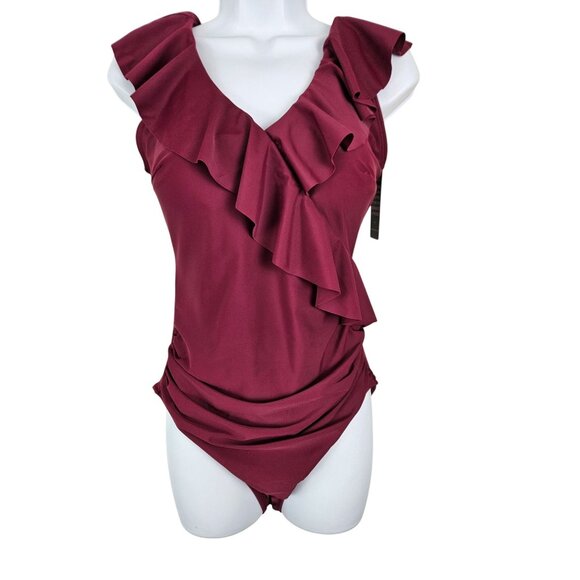 Blooming Jelly Womens Tummy Control One Piece Ruffle V Neck Swimsuit Size Medium - Picture 6 of 9